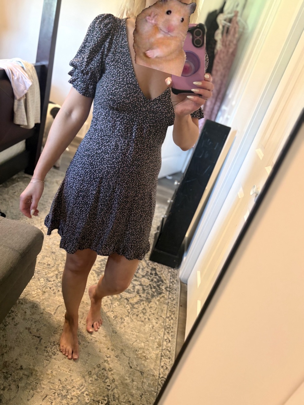 Divided Black Mini Dress with White Micro Floral Print